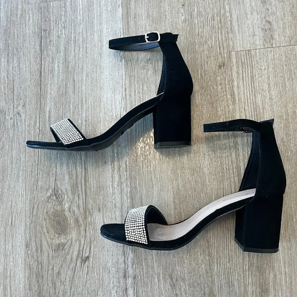 Womens Top Moda Black Rhinestone Block Heels - 6.5